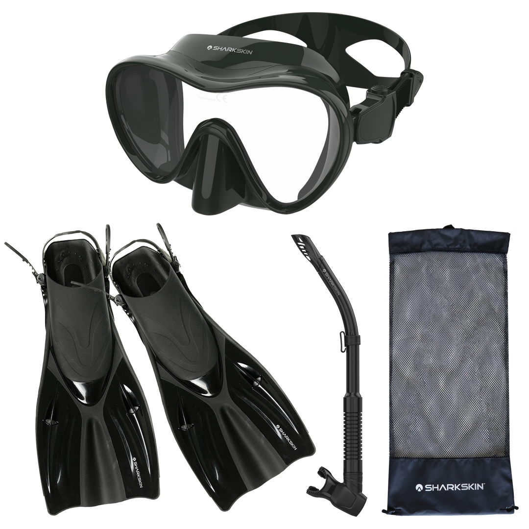 SHARKSKIN ADULT MASK, COMFORT SNORKEL & FIN SET WITH MESH BAG