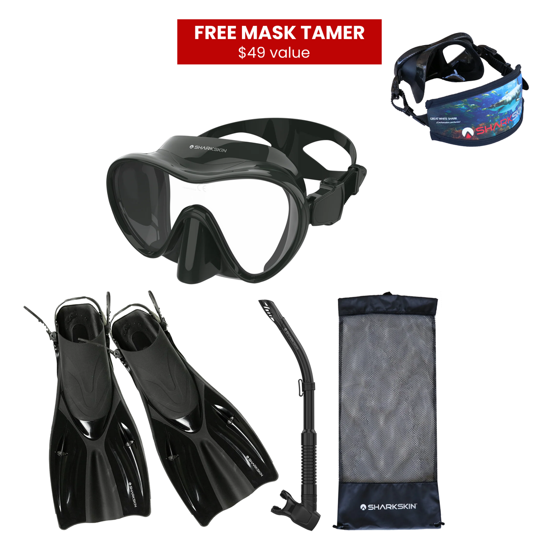 SHARKSKIN ADULT MASK, COMFORT SNORKEL & FIN SET WITH MESH BAG