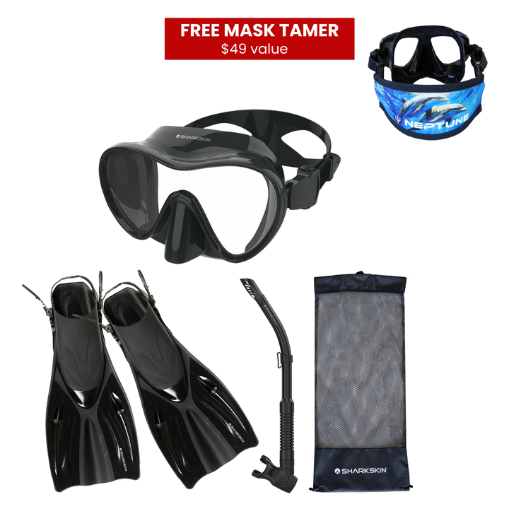 SHARKSKIN ADULT MASK, COMFORT SNORKEL & FIN SET WITH MESH BAG