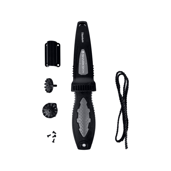 SHARKSKIN TITANIUM KNIFE SMALL WITH PRESS QUICK RELEASE LOCK SHEATH, BCD & HOSE MOUNT